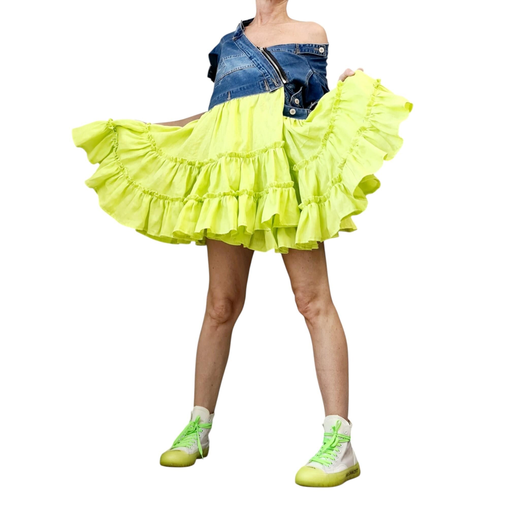 Lime Denim Linen Dress – Asymmetric Off Shoulder Tunic