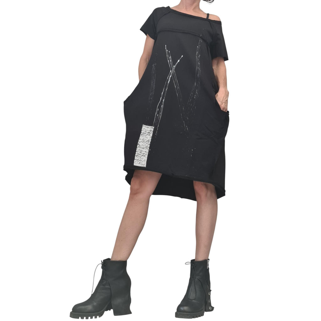 Black French Terry Short Sleeve Dress, One Shoulder Asymmetric Gothic Tunic, Oversized Fit