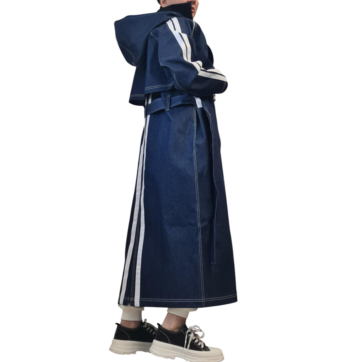 Denim Two Piece Trench Coat, Cropped Jacket and Long Hooded Vest, Oversized Asymmetrical Set