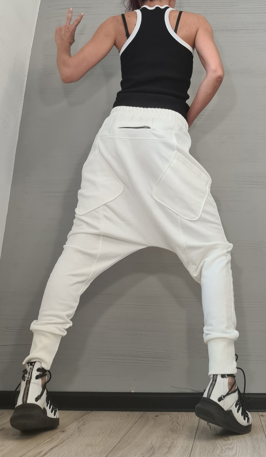 White French Terry Harem Pants, Tapered Trousers
