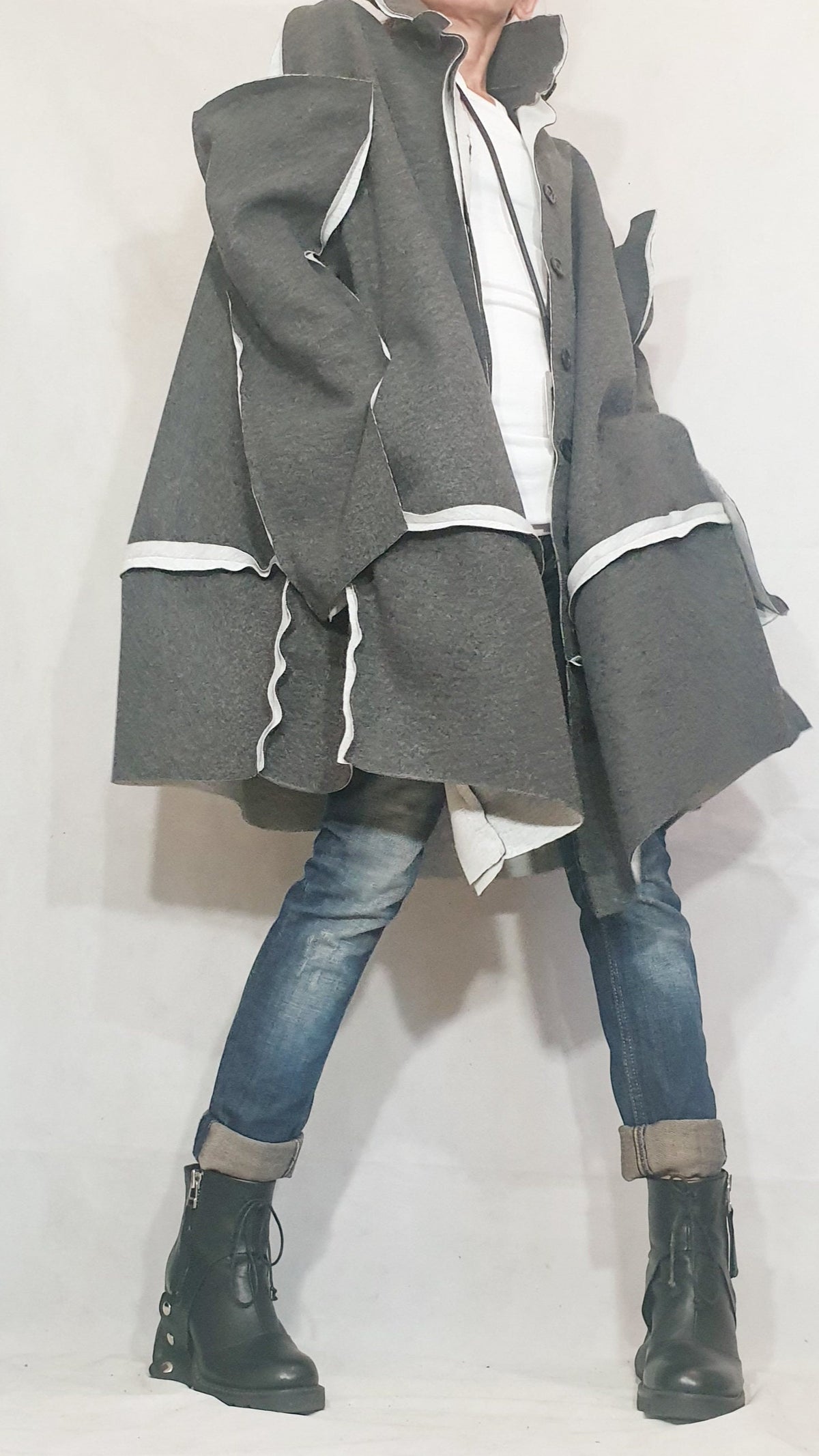 Grey Oversized Cape Coat, Asymmetric Hem, Wide Sleeves, Button Front, Contrast Trim, Plus Size