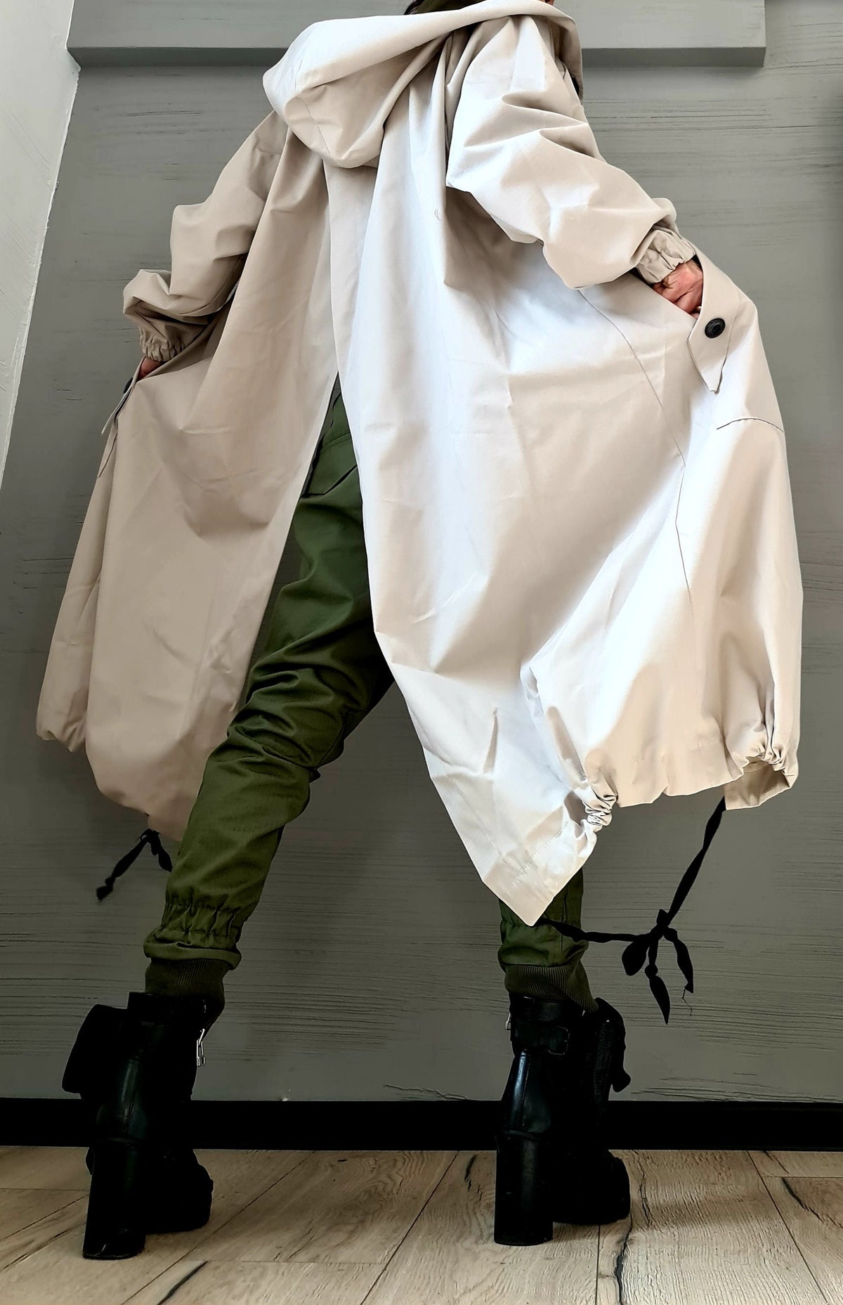 Light Beige Asymmetrical Hooded Trench Coat, Ripstop Jacket with Overlapping Open Back