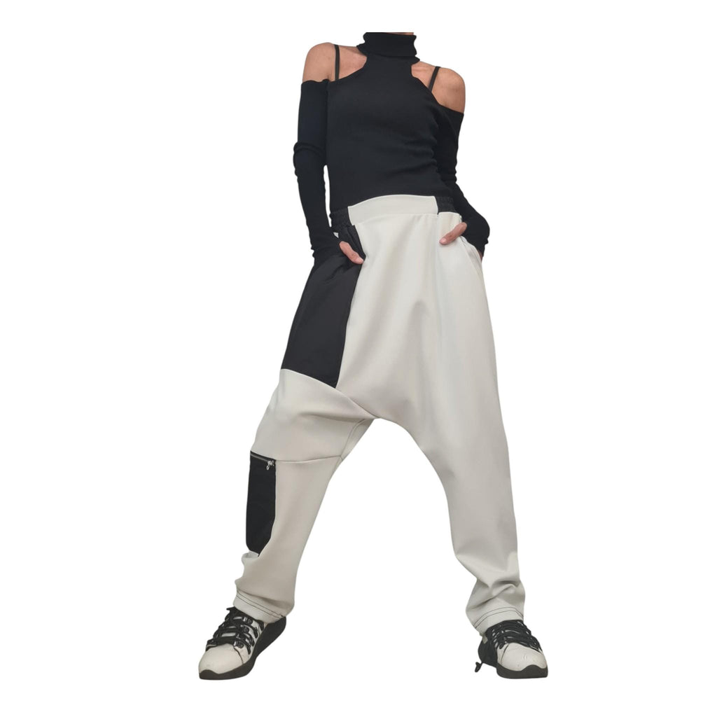 Military Green French Terry Pants, Drop Crotch Trousers, Black Contrast Panels