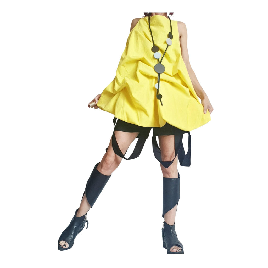 Yellow Linen Tunic, Sleeveless Asymmetric Top, Open Back Loose Fit, Oversized