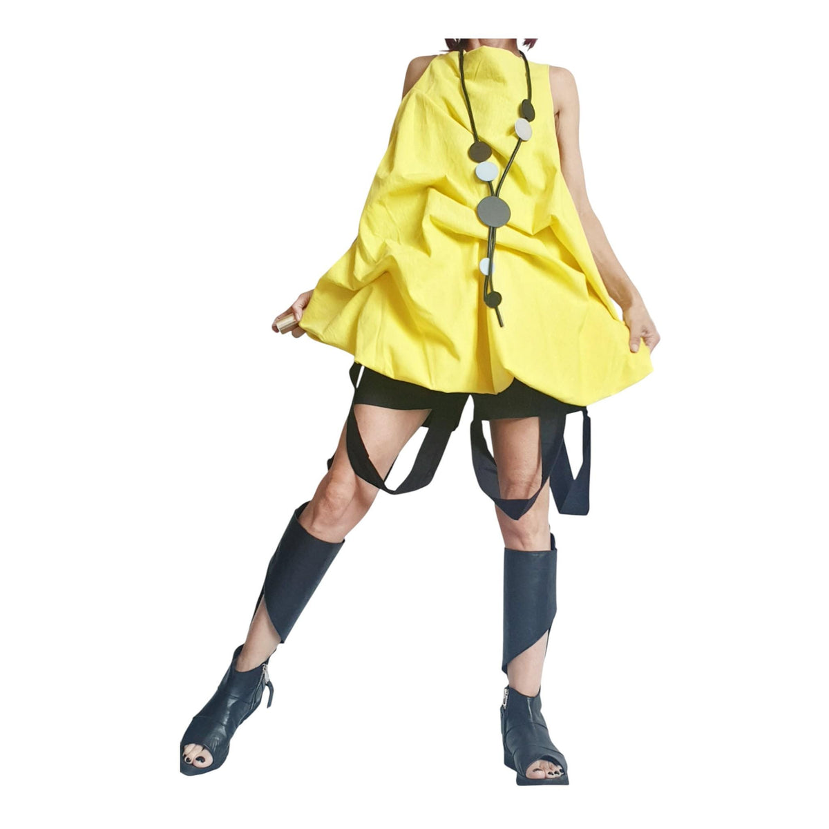 Yellow Linen Tunic, Sleeveless Asymmetric Top, Open Back Loose Fit, Oversized