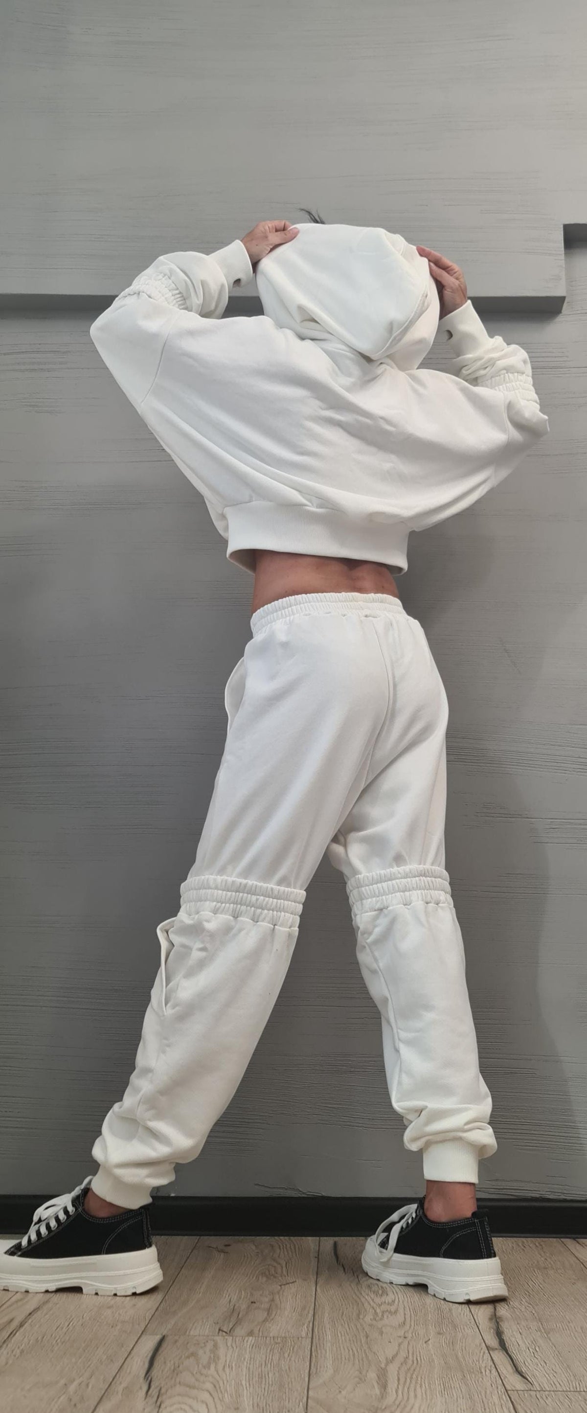 White Cotton Cargo Jogger Pants, Oversized Cropped Hoodie, Ruched Knee Panels, Two-Piece Co-Ord Set