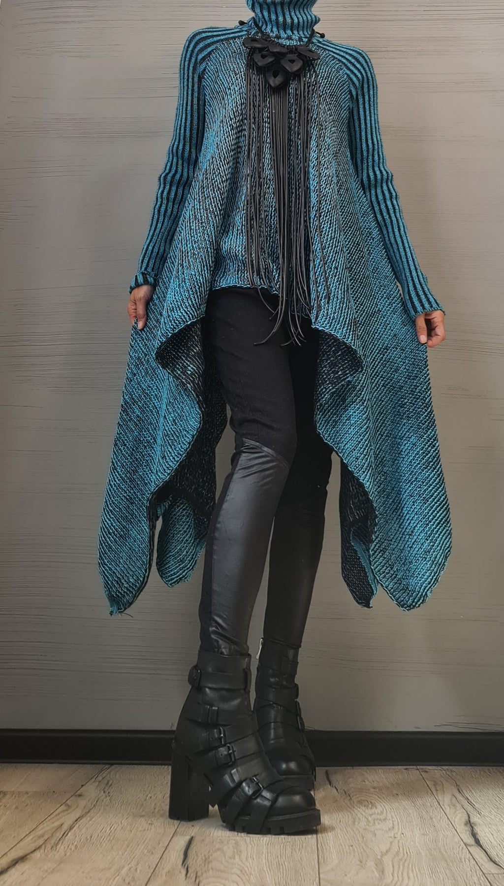 Turquoise Wool Blend Turtleneck Sweater, Asymmetric Knit Blouse, Plus Size Top