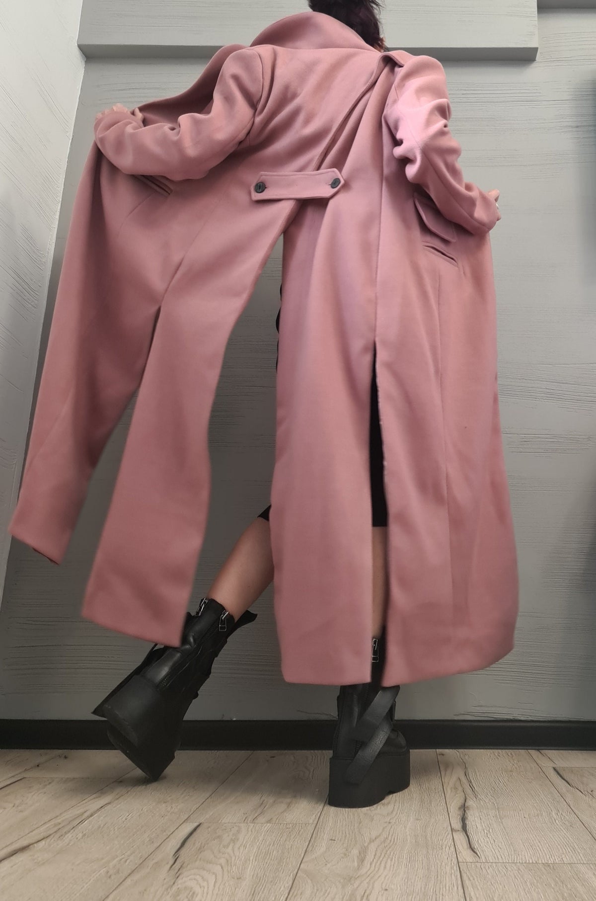 Dusty Rose Long Coat, Asymmetrical Wrap Front and Ruched Sleeves, Plus Size