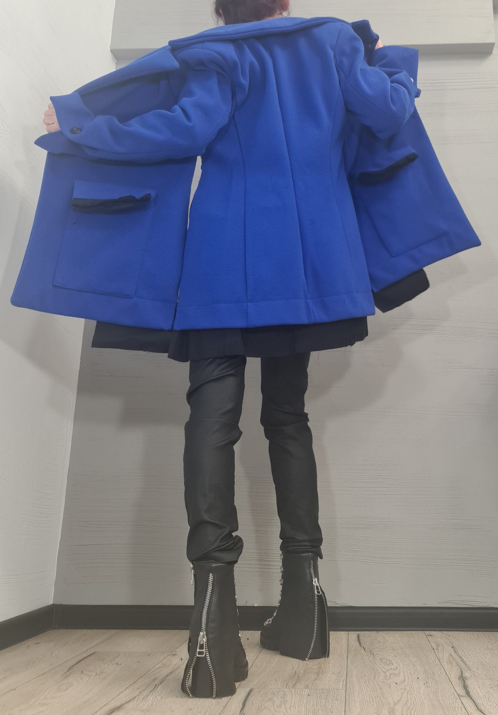Royal Blue Asymmetrical Winter Coat, Oversized Lapels and Patch Pockets, Plus Size Flared Jacket