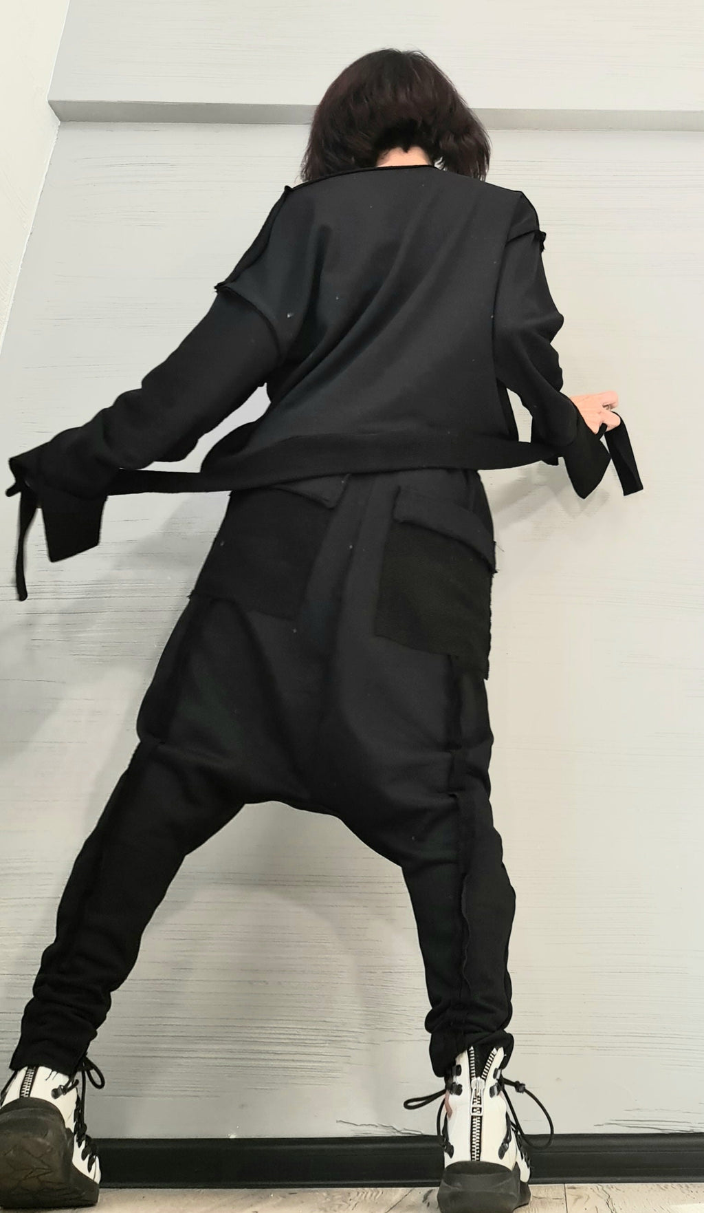 Black Cotton Drop Crotch Pants, Asymmetrical Blouse, Wide Cuffs,  Two-Piece French Terry Co-Ord Set