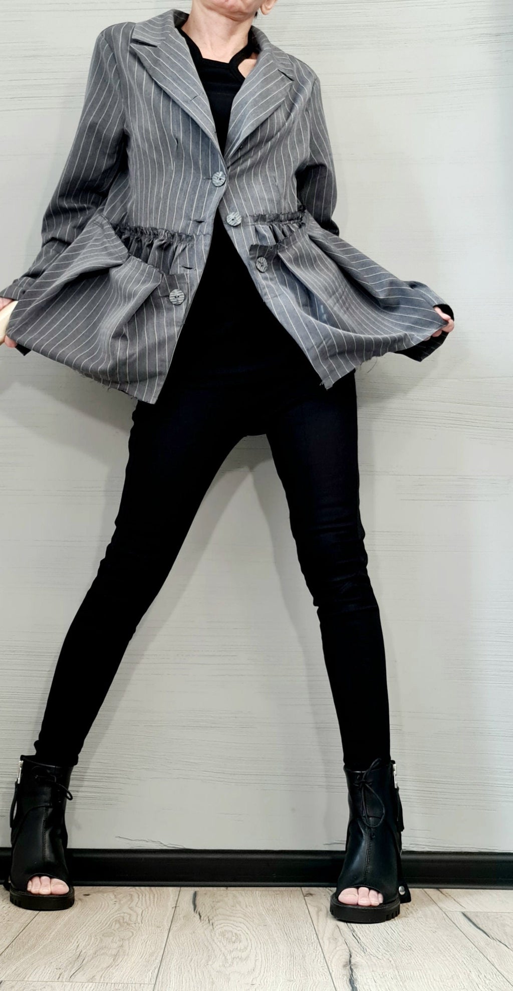 Gray Pinstripe Blazer, Oversized Asymmetric Cut Jacket, Plus Size with Large Gathered Pockets