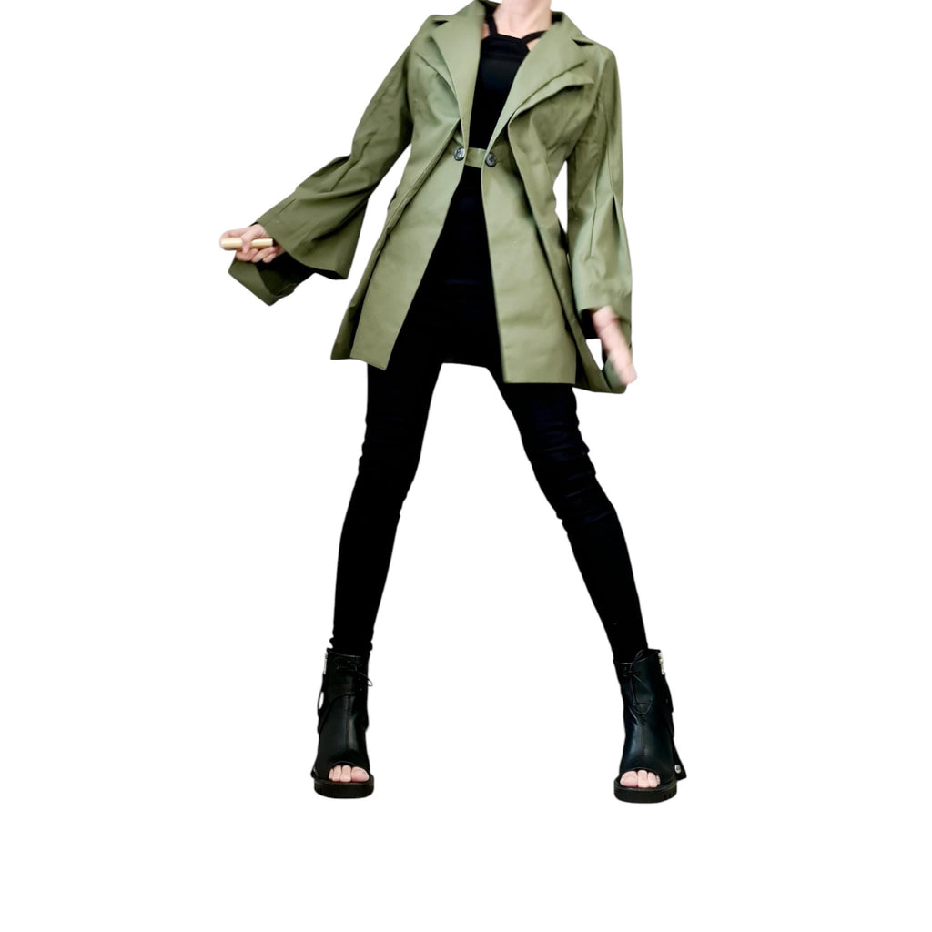 Olive Green Cotton Asymmetric Blazer, Fitted Long Jacket, Flared Sleeve Coat