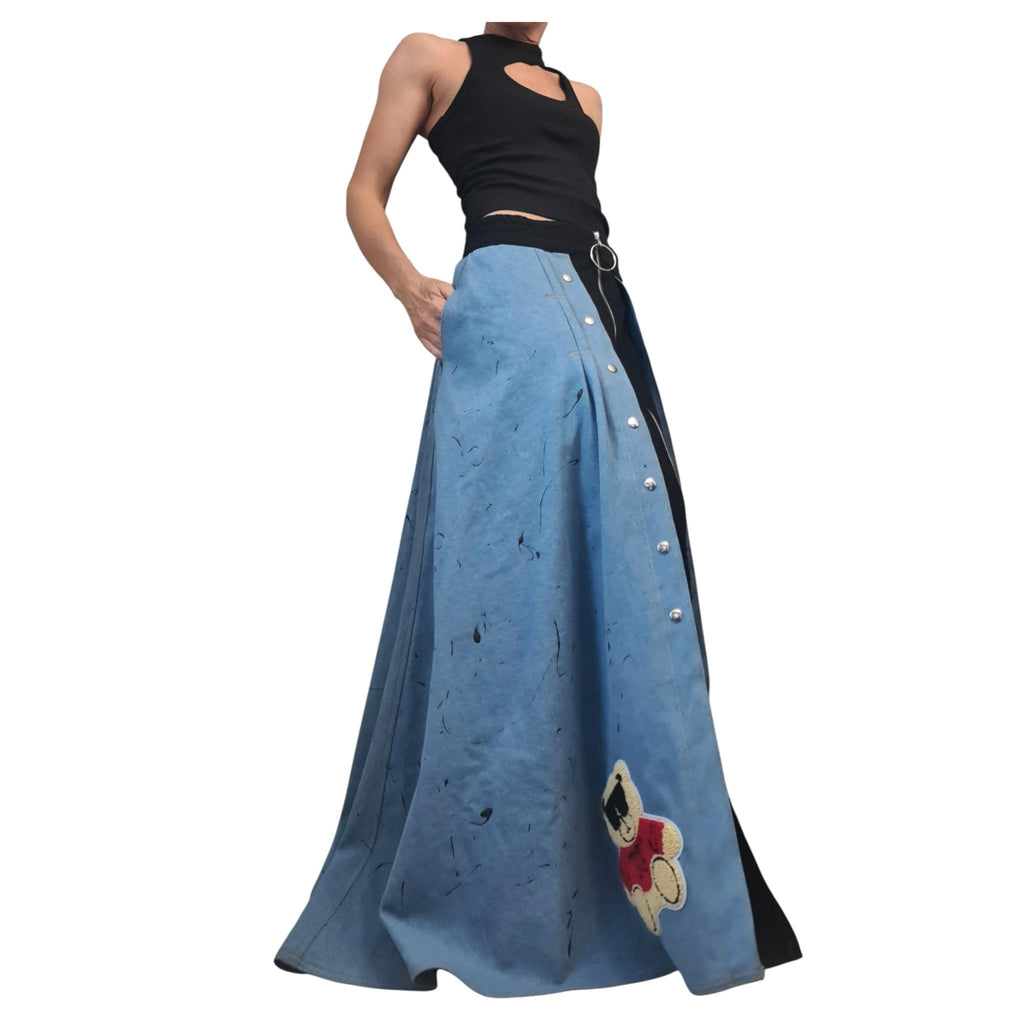 Deconstructed Avant Garde Cotton Denim Long Skirt, Extravagant Design
