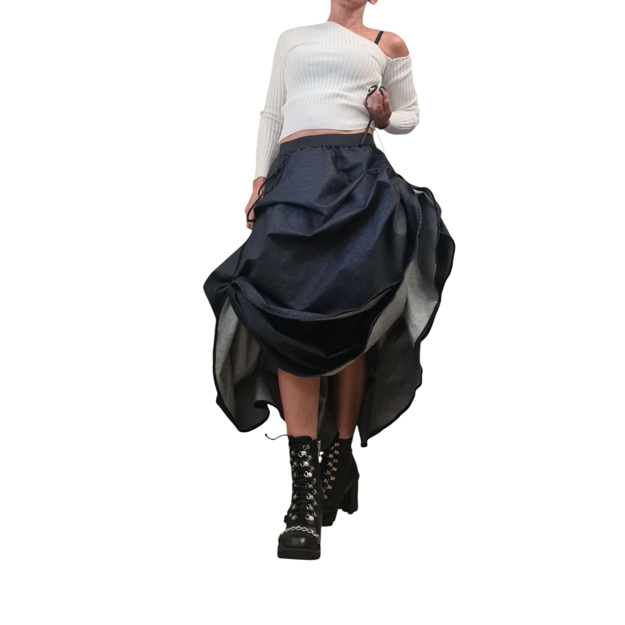 Asymmetric Denim Maxi Skirt, Adjustable Length, Avant Garde Handmade, Fashion for Women