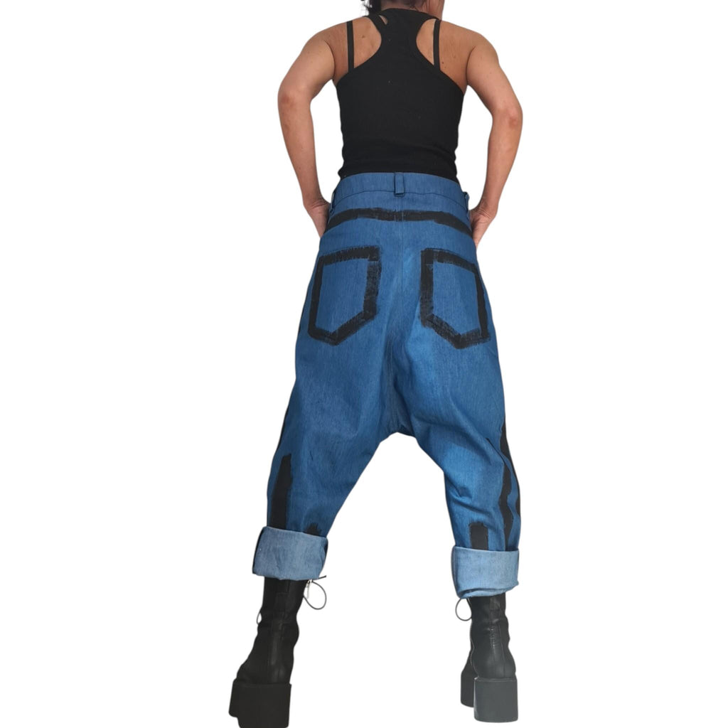 Denim Harem Pants, Extravagant Deep Drop Crotch Pants for Women