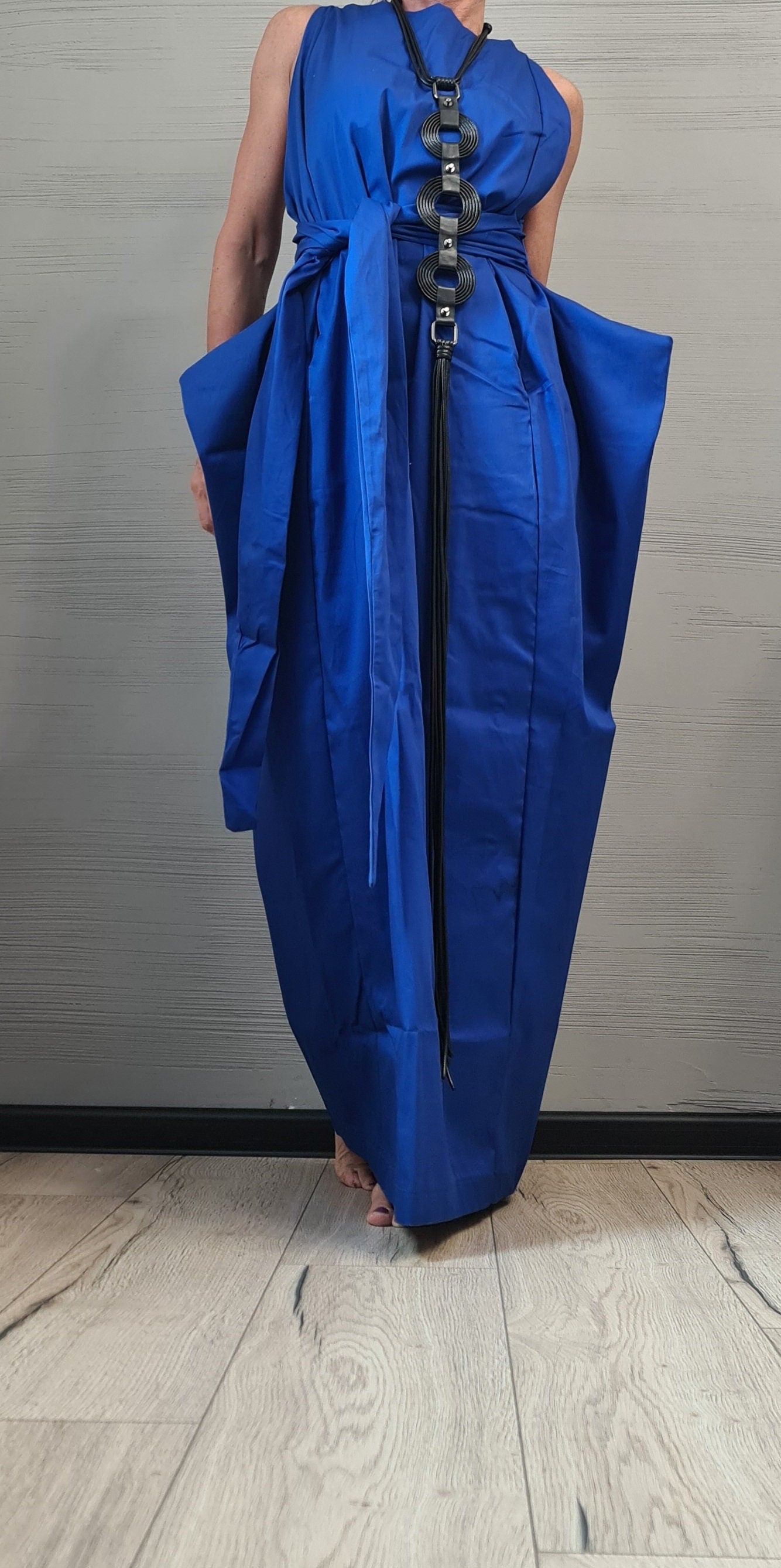 Royal Blue Open Back Maxi Dress, Sleeveless Loose Fit, Wide Silhouette, Adjustable Summer Design