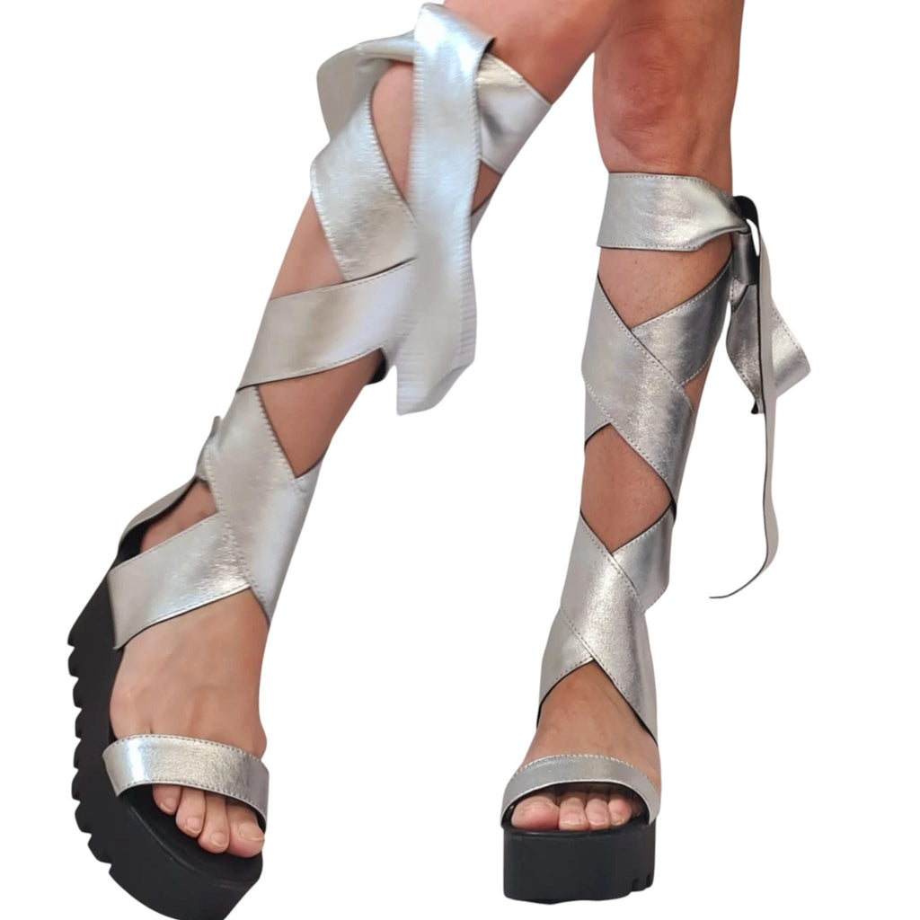 Silver Leather Gladiator Knee High Open Toe Platform Wedge Sandals for Women