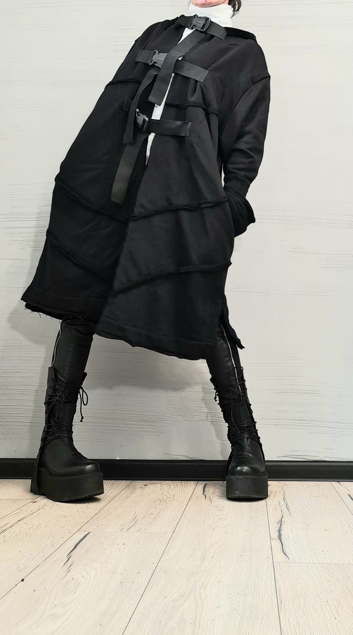 Black Oversized Hooded Vest, Long Asymmetric Sleeveless Coat, Layered Hem, Plus Size