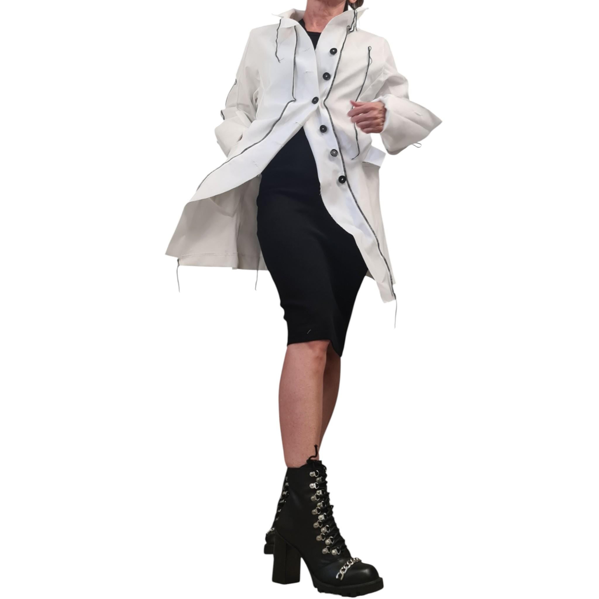 White Denim Blazer, Handmade Women's Jacket, Black Stitching, Avant Garde Coat, Minimalist Tailored Blazer