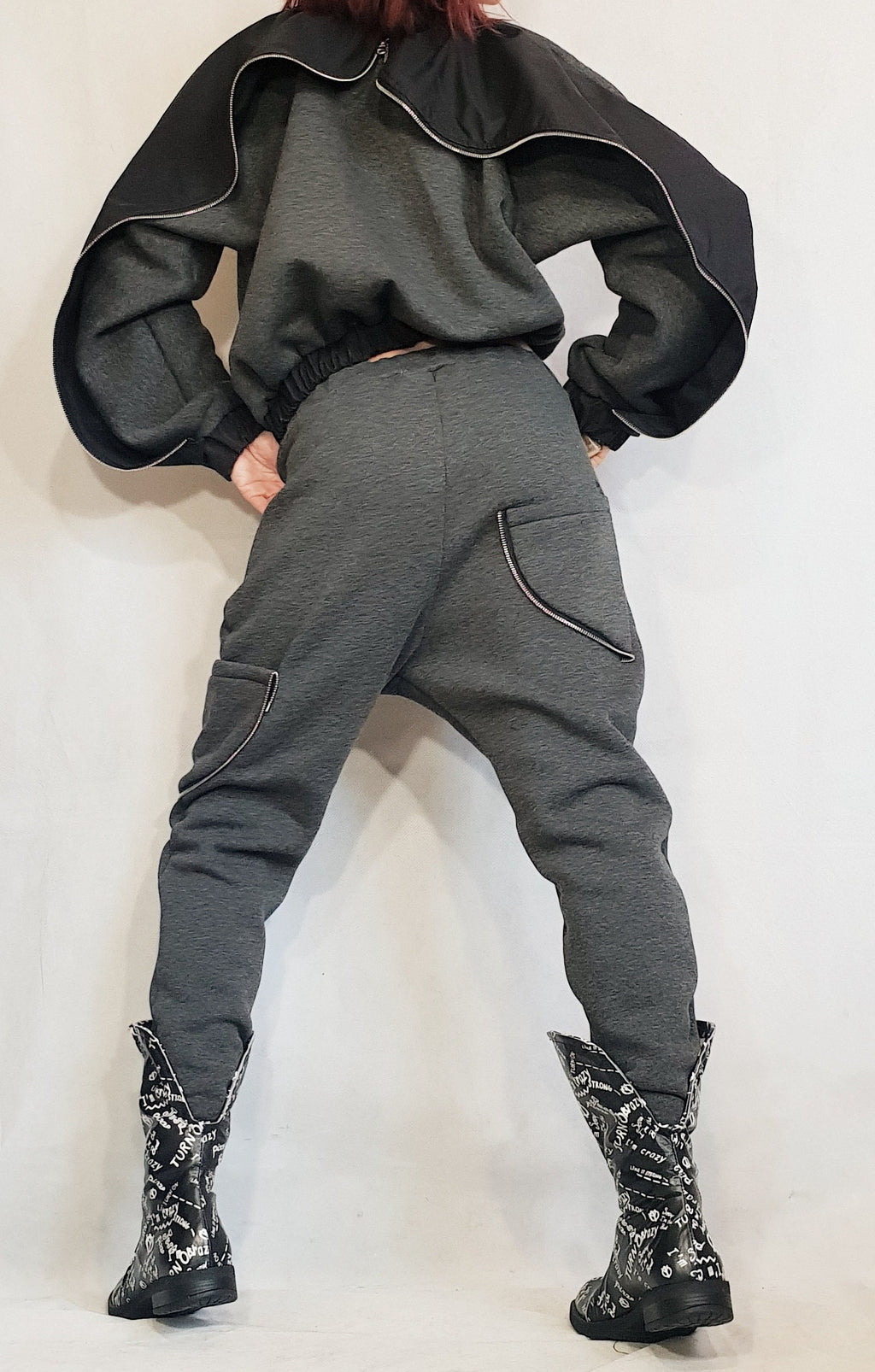 Grey Cotton Drop Crotch Pants, Asymmetrical Cropped Jacket, Black Contrast Panels, Two-Piece Co-Ord Set