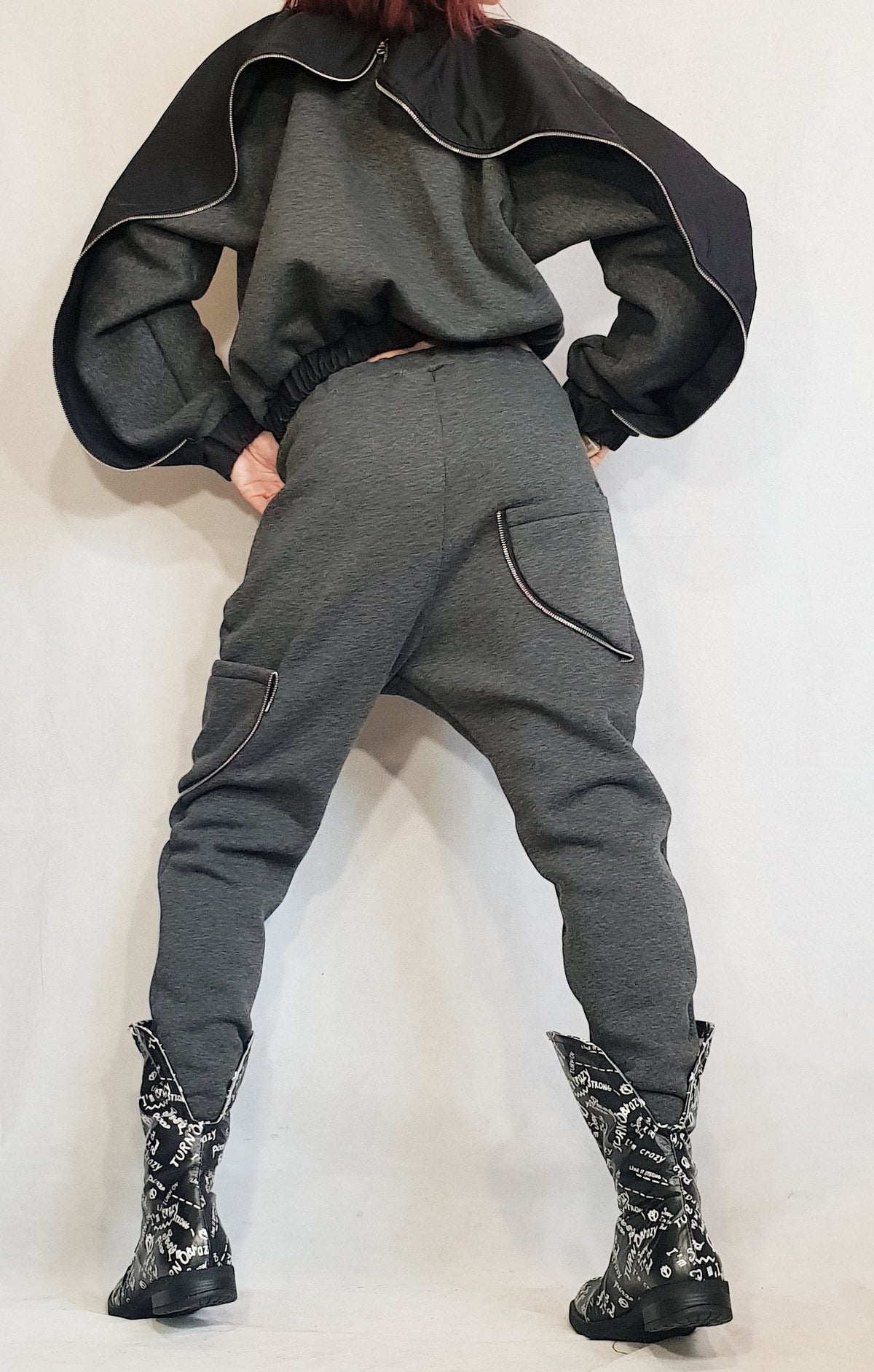 Grey Cotton Drop Crotch Pants, Asymmetrical Cropped Jacket, Black Contrast Panels, Two-Piece Co-Ord Set