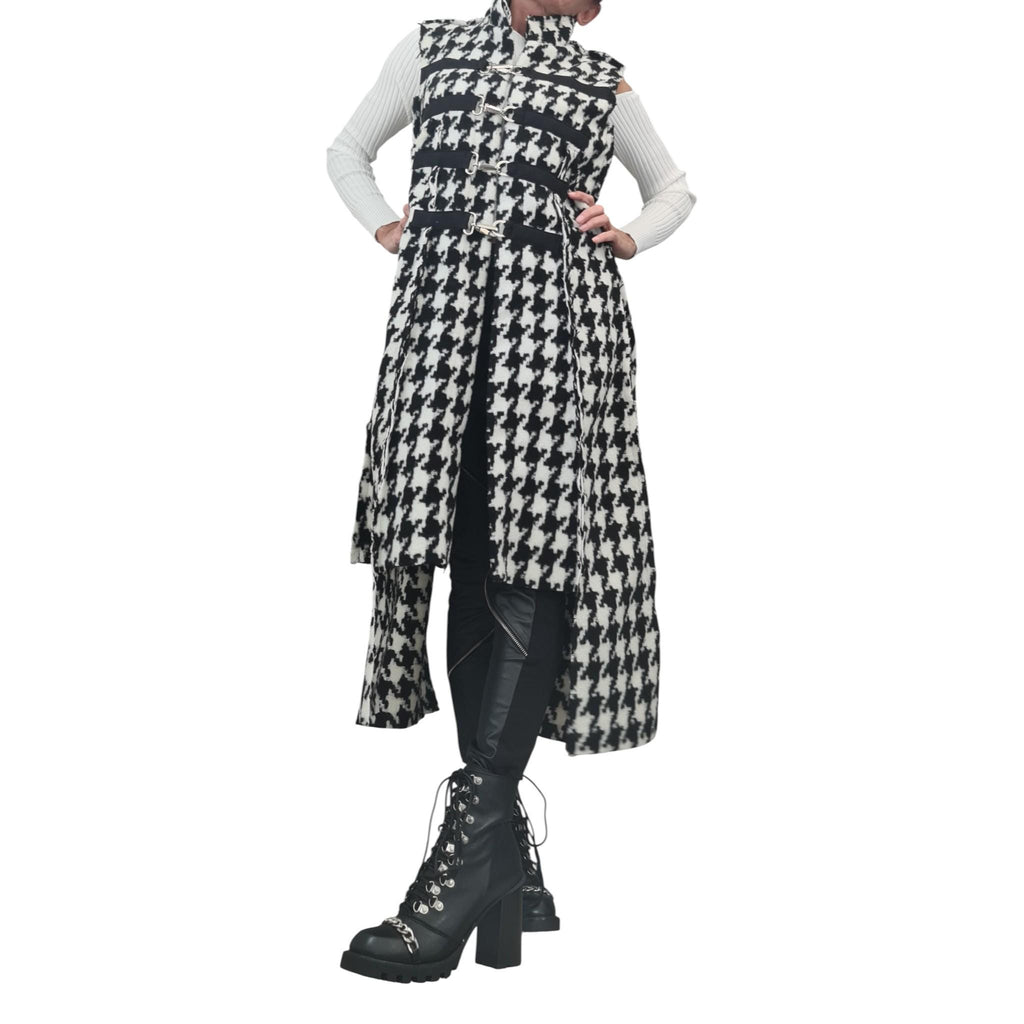 Black and White Houndstooth Maxi Vest, Asymmetric Hem, Buckle Closures, Plus Size Coat