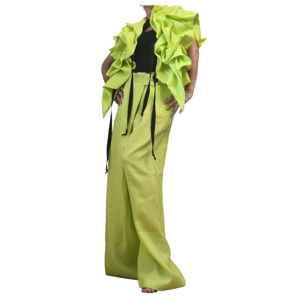 Lime Linen Drop Crotch Pants Womens Avant Garde Harem Trousers Designer Clothing
