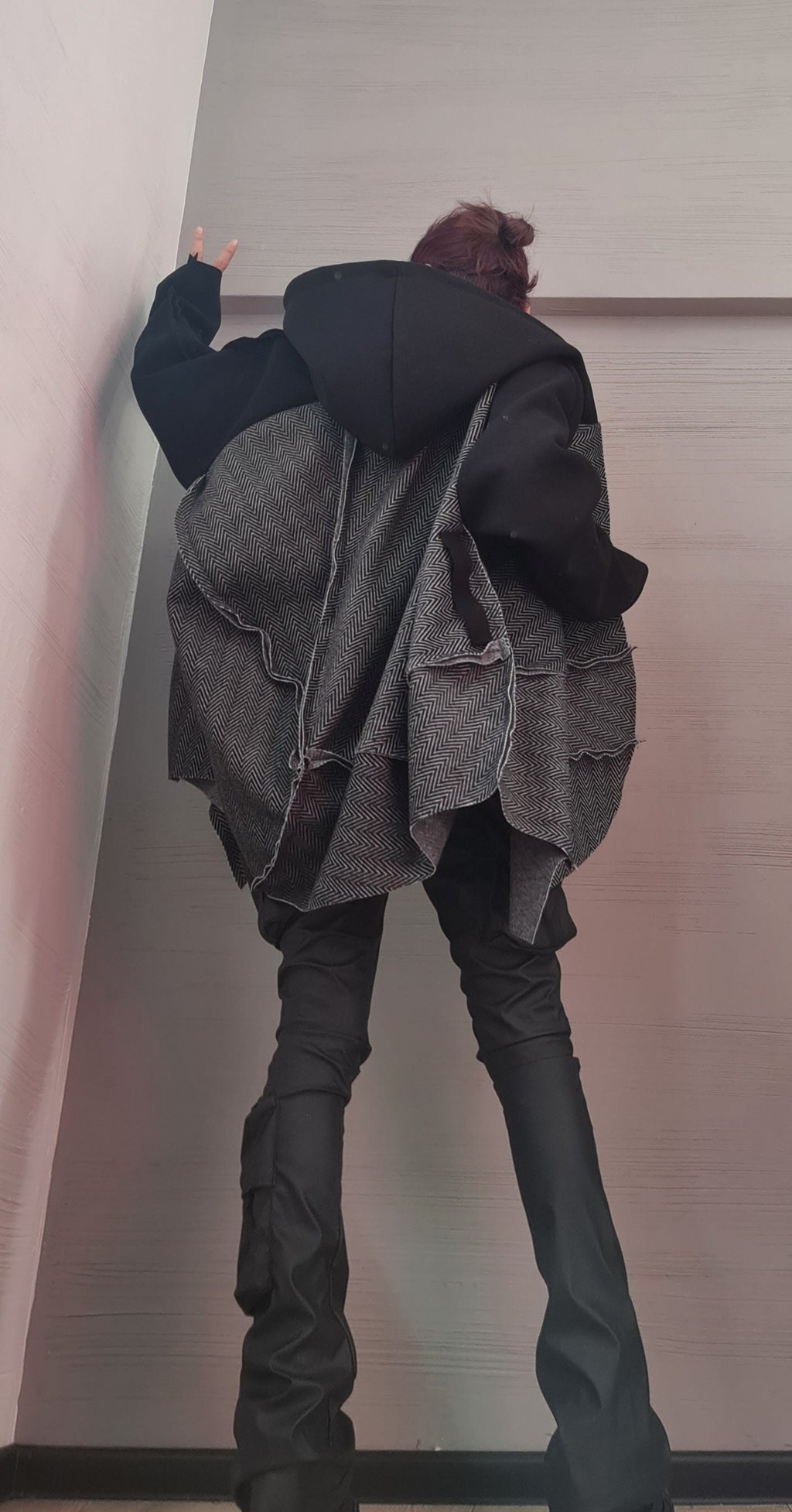 Grey and Black Asymmetrical Hooded Poncho, Herringbone Wool Cape, Long Sleeves, Plus Size