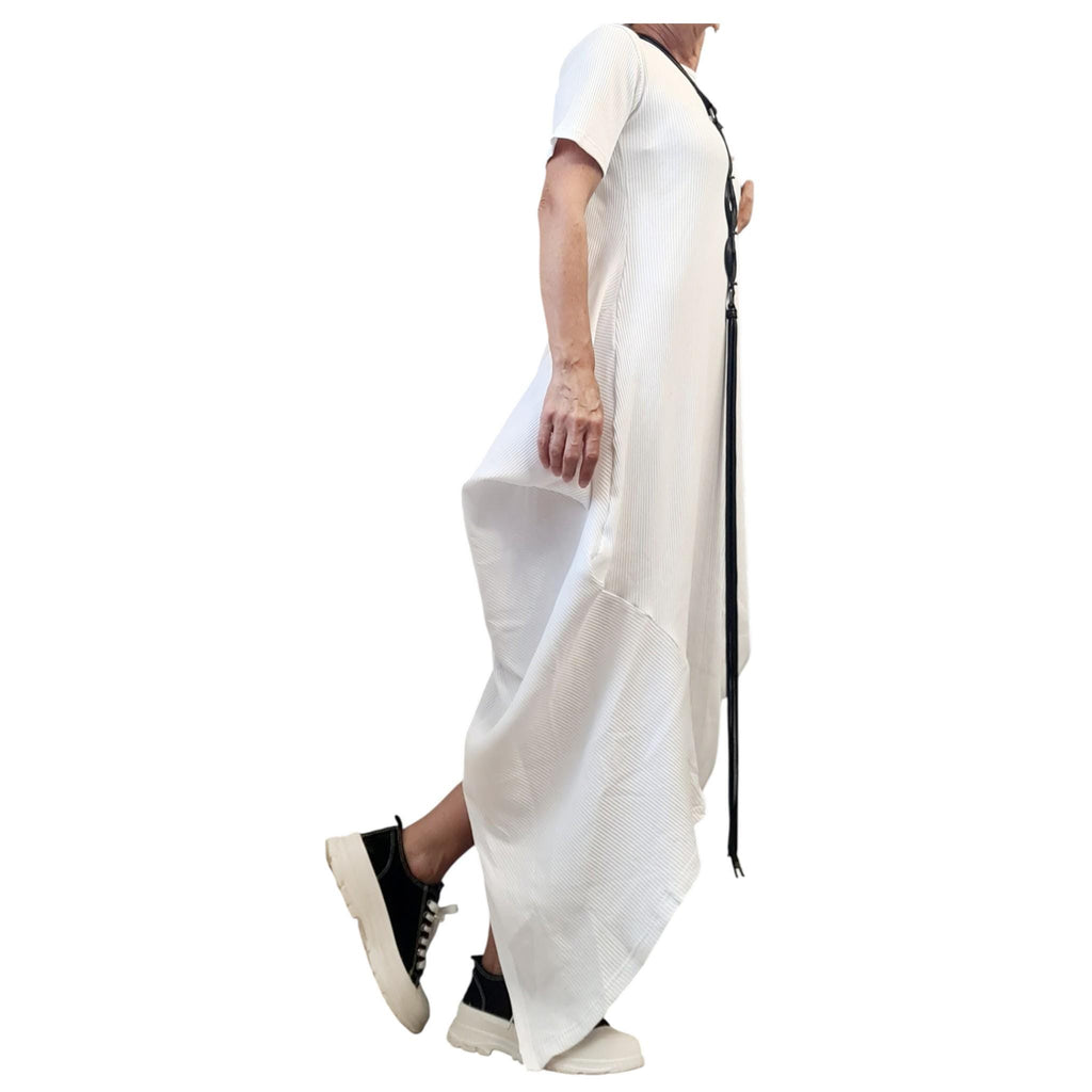 White Asymmetric Cotton Rib Maxi Dress, Avant Garde Loose Dress, Plus Size Clothing