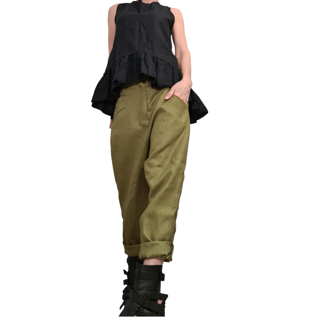 Military Green Linen Harem Pants for Women, Wide Drop Crotch Trousers, Loose Summer Pants