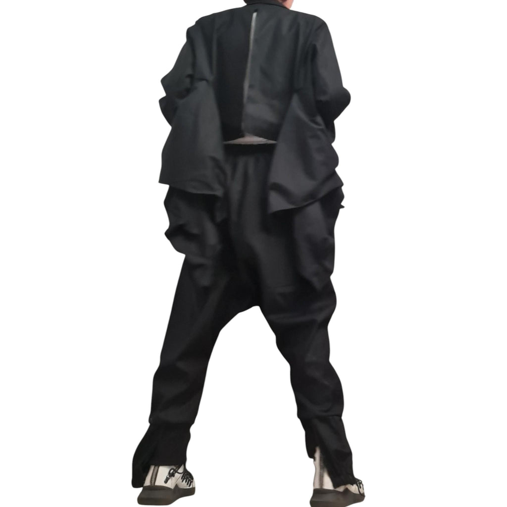 Linen Avant Garde Jacket and Harem Pants Set, Asymmetric Open Back Women's Wear
