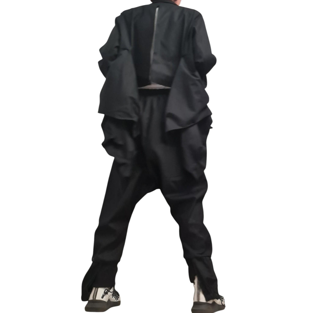 Linen Avant Garde Jacket and Harem Pants Set, Asymmetric Open Back Women's Wear