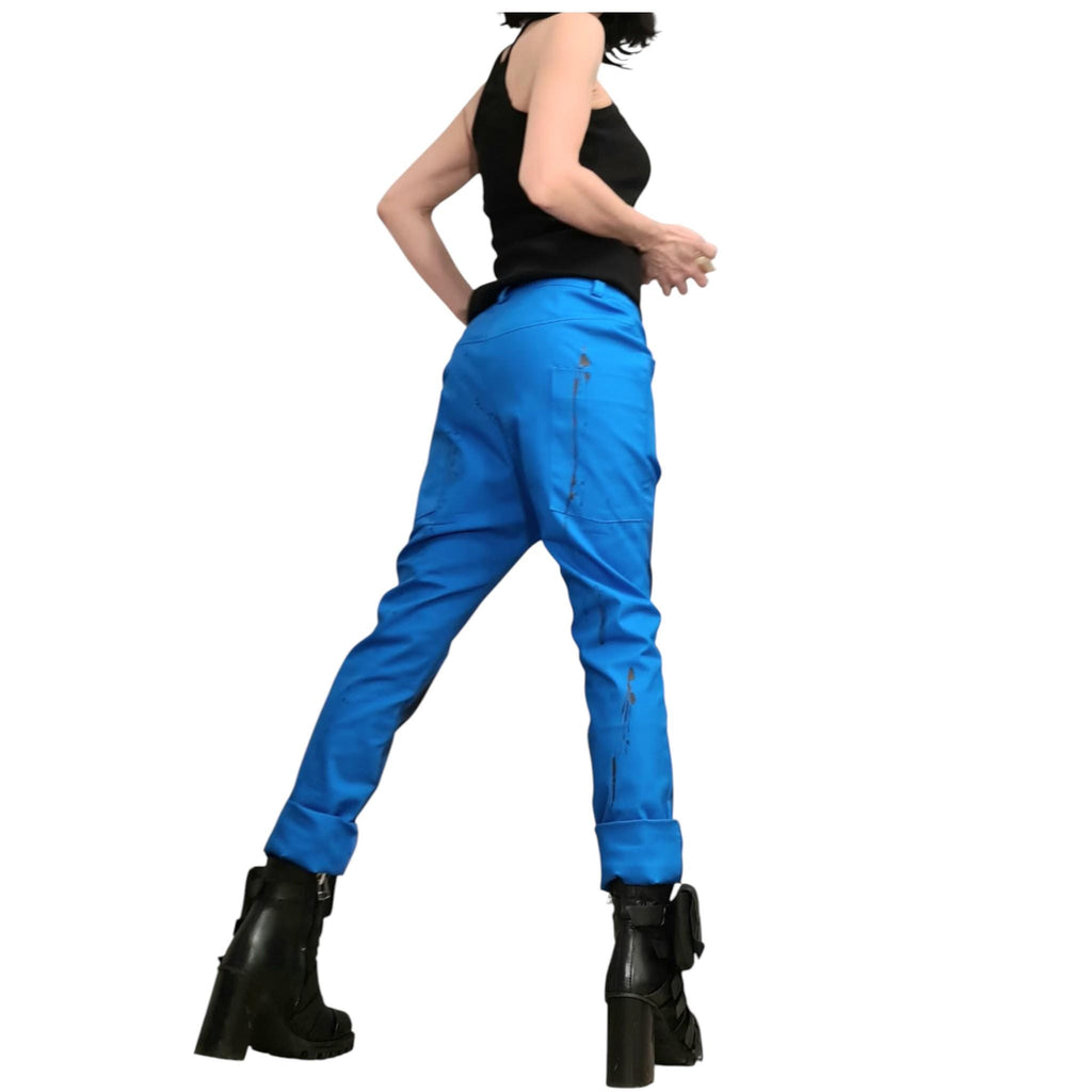 Blue Drop Crotch Pants, Asymmetric Closure, Tapered Leg, Paint Splatter