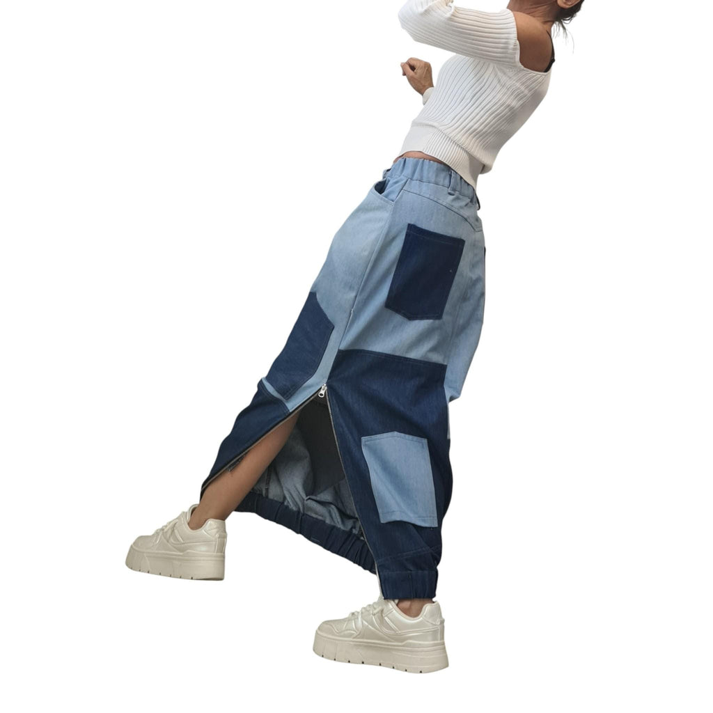 Reversible Two-Tone Denim Maxi Skirt | Handmade Patchwork Skirt, Women’s Clothing