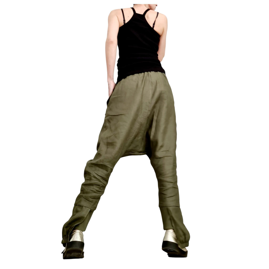 Military Green Linen Pants for Women, Drop Crotch Summer Trousers, Handmade Casual Urban Outfit