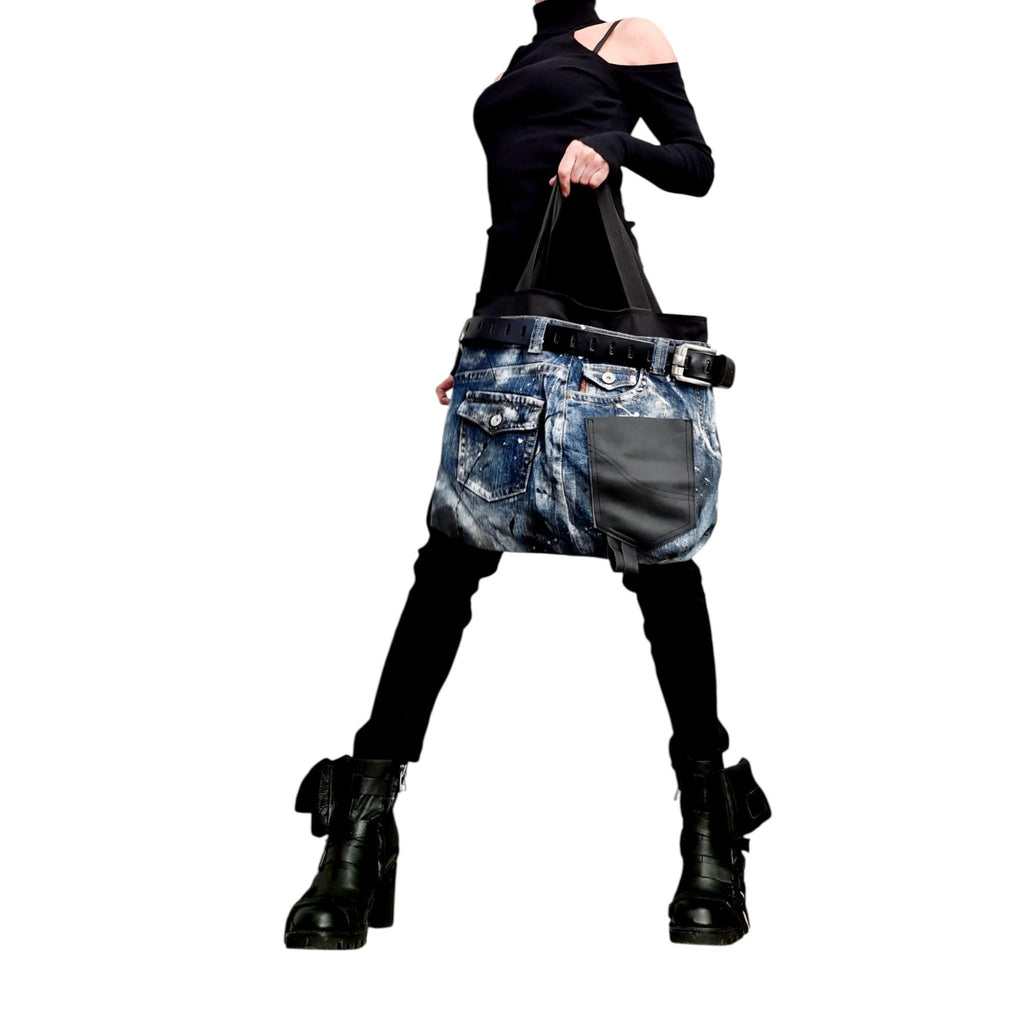 Hand-Painted Denim Tote, Avant Garde Asymmetrical Designer Shoulder Bag