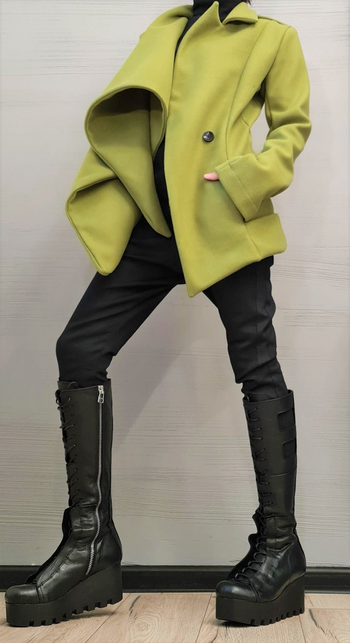Asymmetrical Coat, Oversized Draped Lapels and Wrap Front, Winter Jacket, Button Cuffs