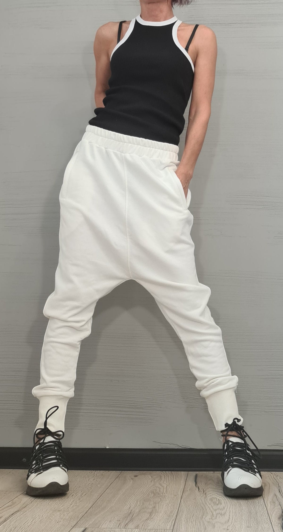White French Terry Harem Pants, Tapered Trousers