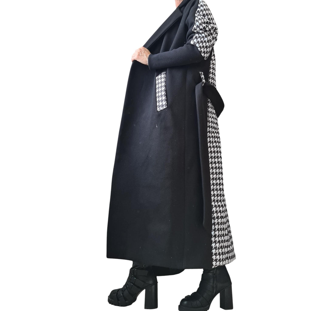 Beige and Black Asymmetrical Maxi Coat, Quilted Back Panel, Belted Long Winter Overcoat