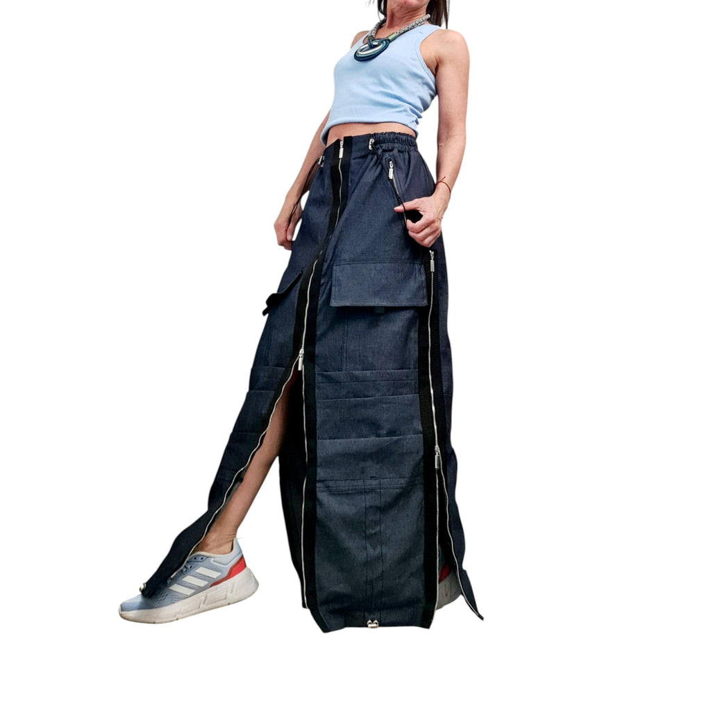 Convertible Denim Maxi Skirt, Cargo Pockets, Festival Streetwear