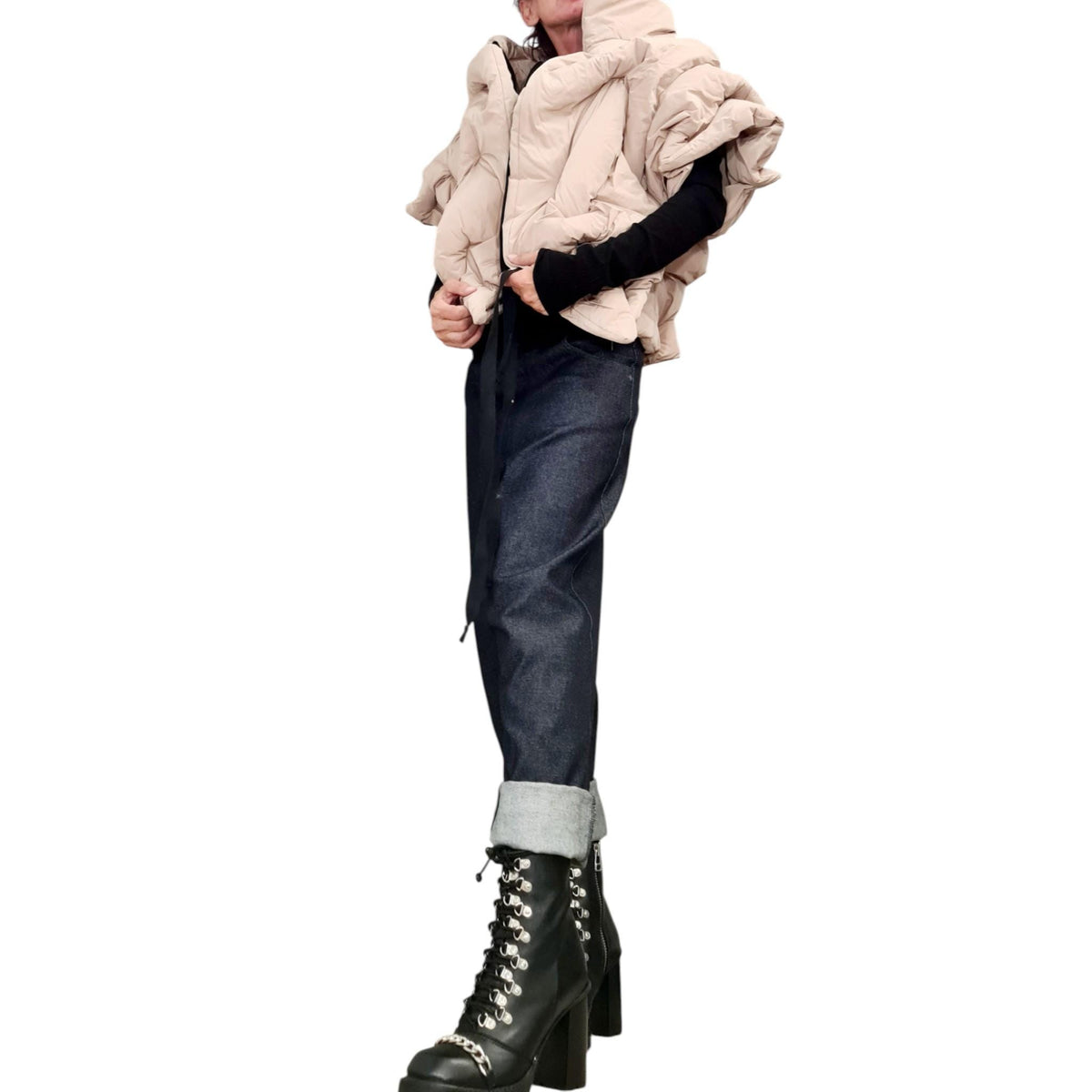 Beige Asymmetrical Puffer Vest, Quilted Sleeveless Winter Jacket, Padded Collar