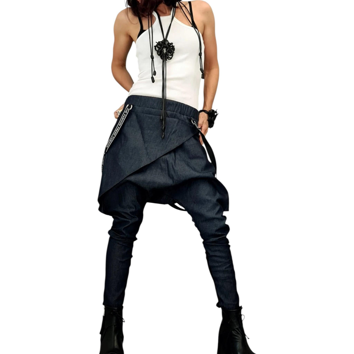 Avant Garde Denim Harem Pants, Asymmetric Drop Crotch Women's Trousers