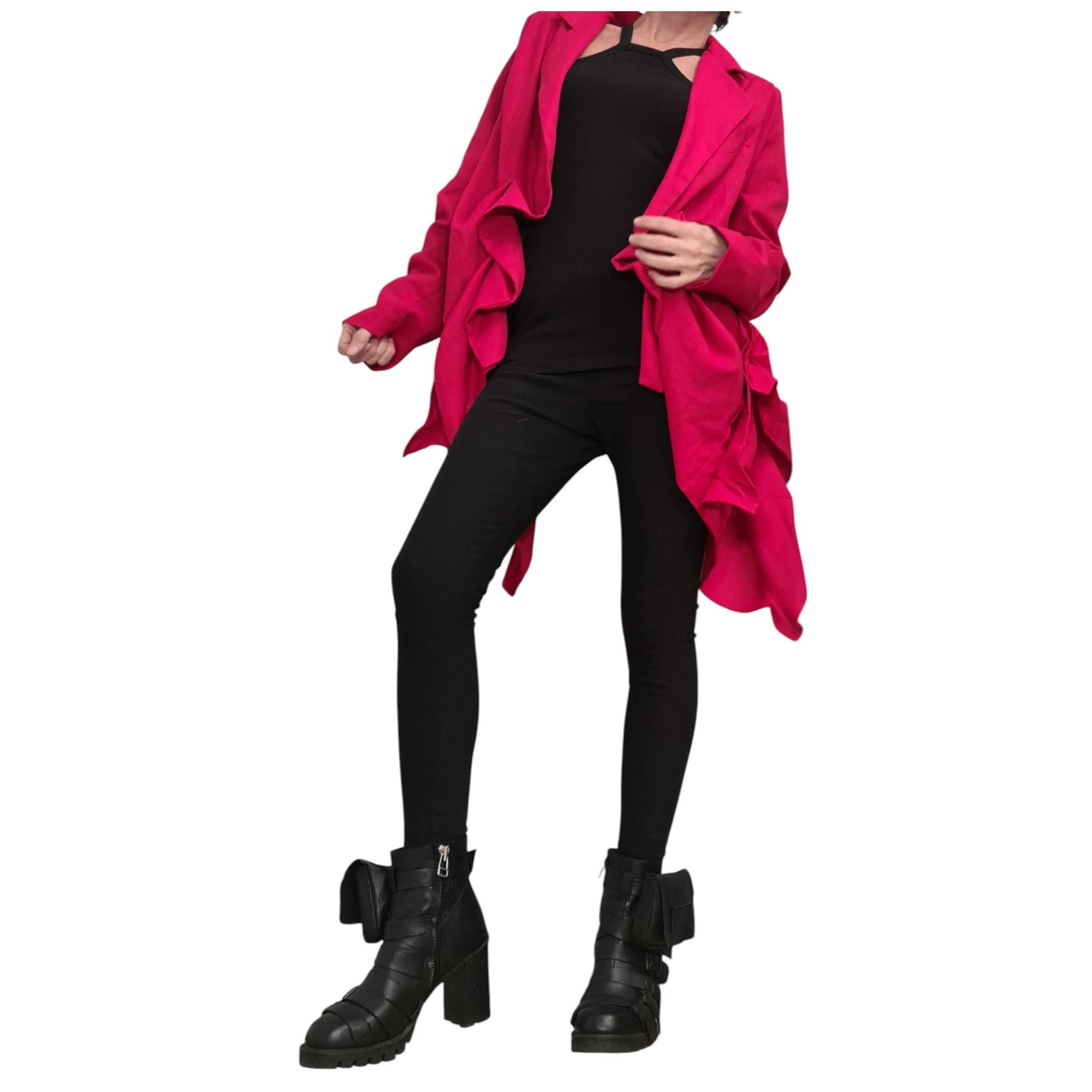 Red Linen Asymmetric Jacket, Open Back Short, Long Front Ruched Design, Avant Garde Blazer