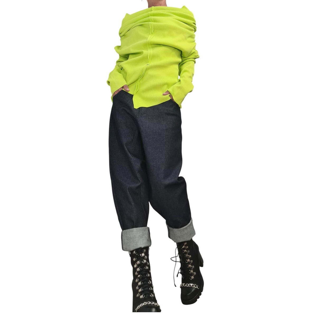 Lime Asymmetric Women Cotton Top, Deconstructed Fitted Blouse, Bare Shoulder Style, Avant Garde Blouse