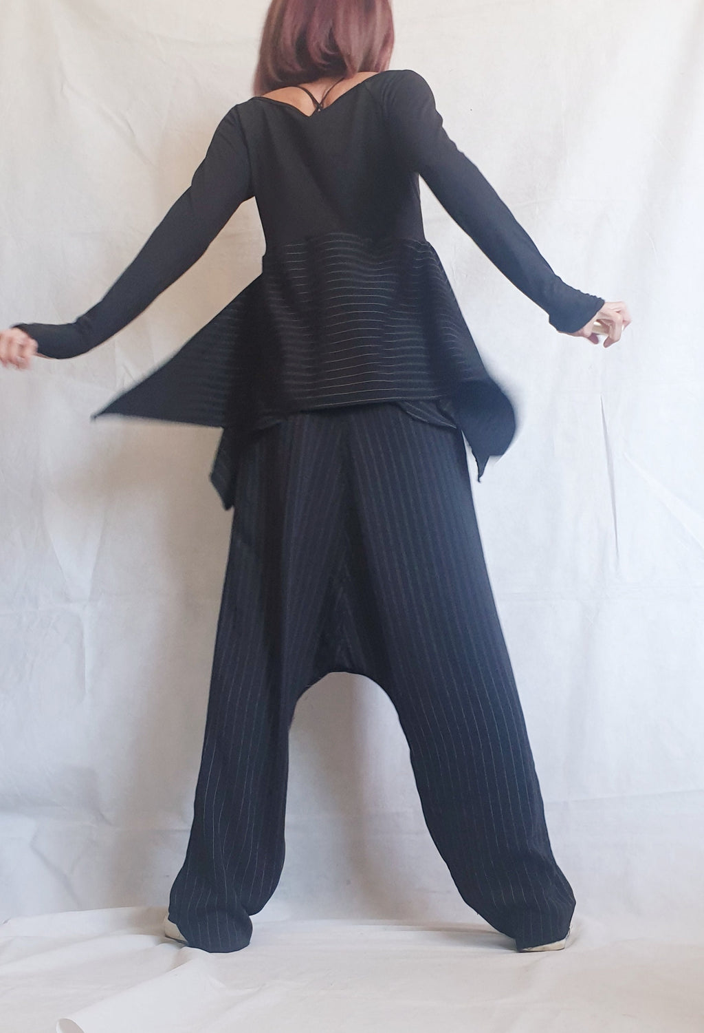 Black Pinstripe Drop Crotch Harem Pants, Asymmetrical Long Tunic, Thumbhole Sleeves, Two-Piece Co-Ord Set