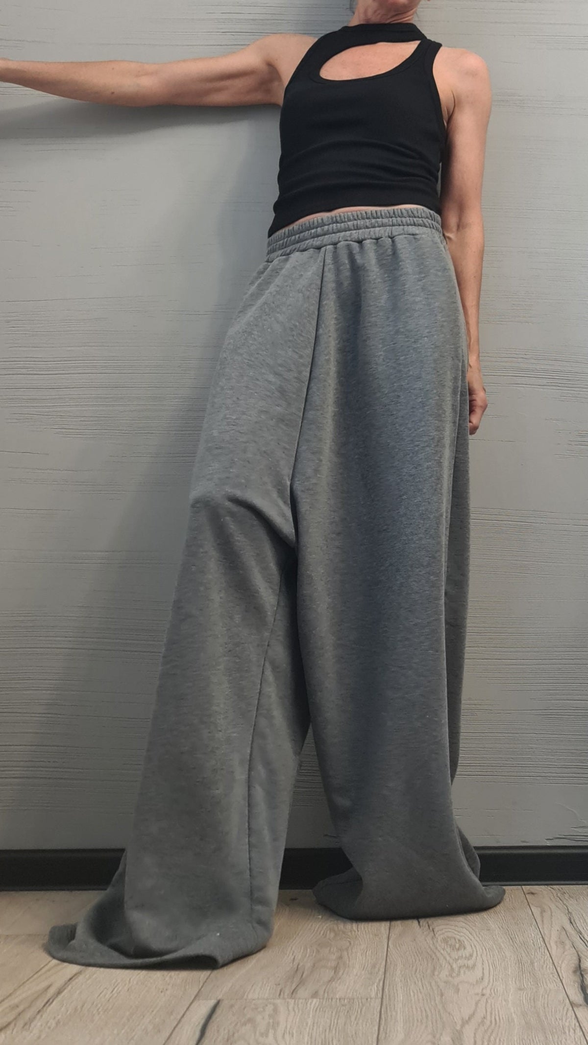 Grey French Terry Pants, Drop Crotch Wide Leg Trousers, Plus Size