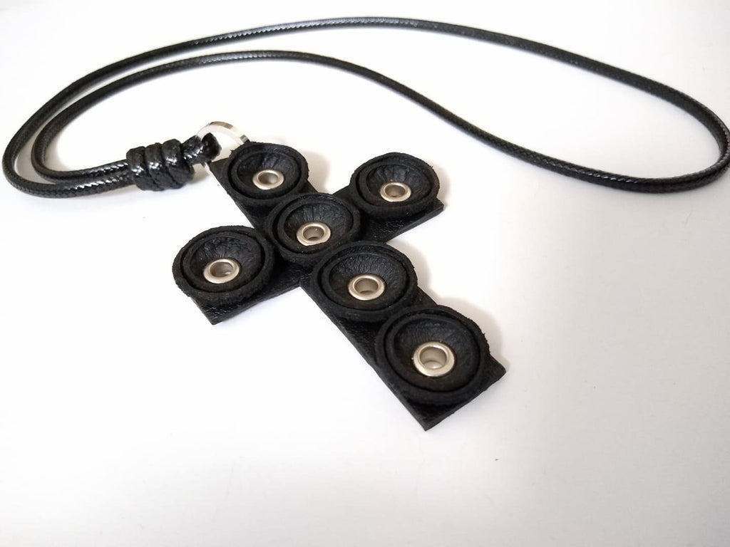 Black Leather Cross Necklace, Gothic Amulet Pendant, Handmade