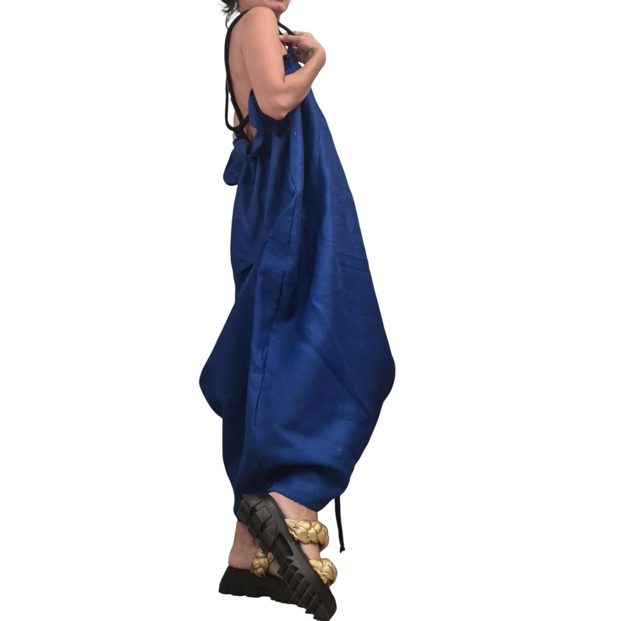 Royal Blue Linen Backless Dress with Adjustable Ties, Asymmetric Summer Maxi Tunic, Handmade Linen