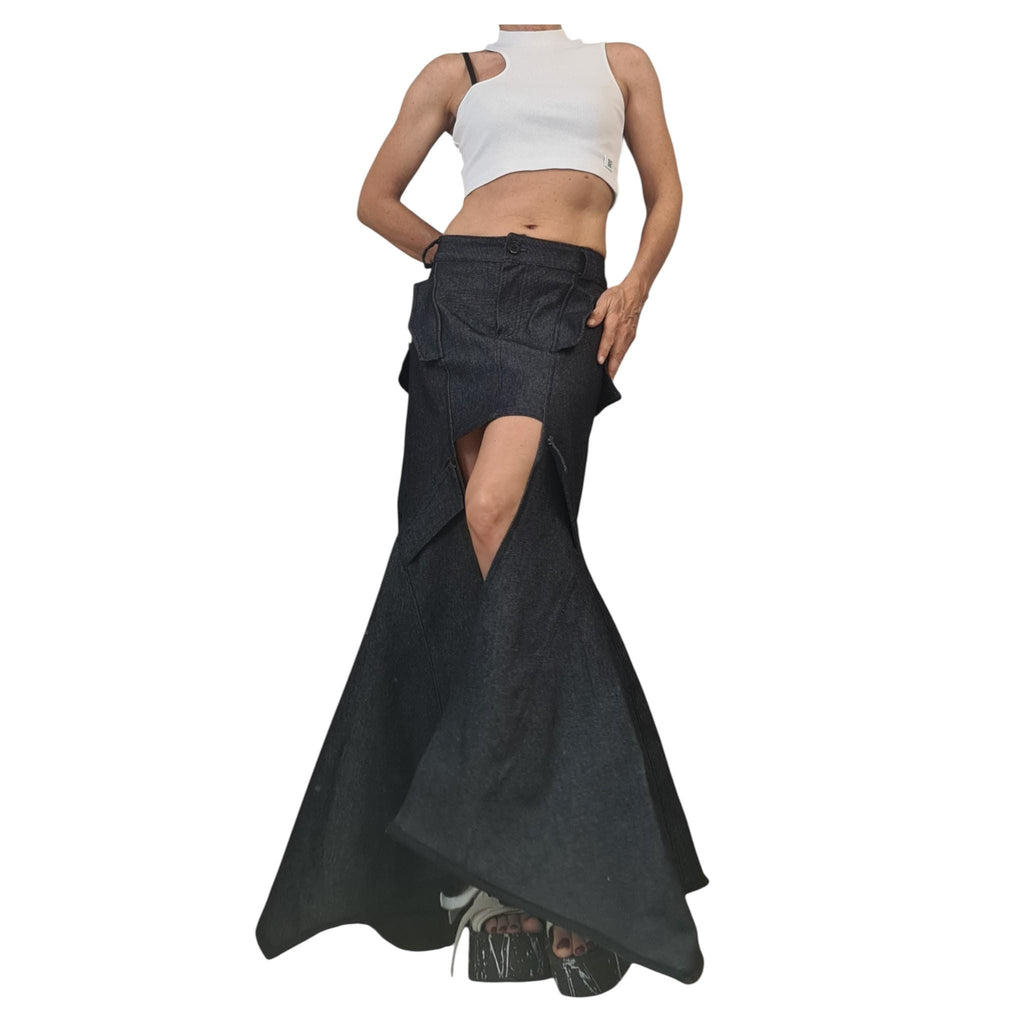 Extravagant Asymmetric Denim Skirt, Wrap A-Line Maxi Skirt