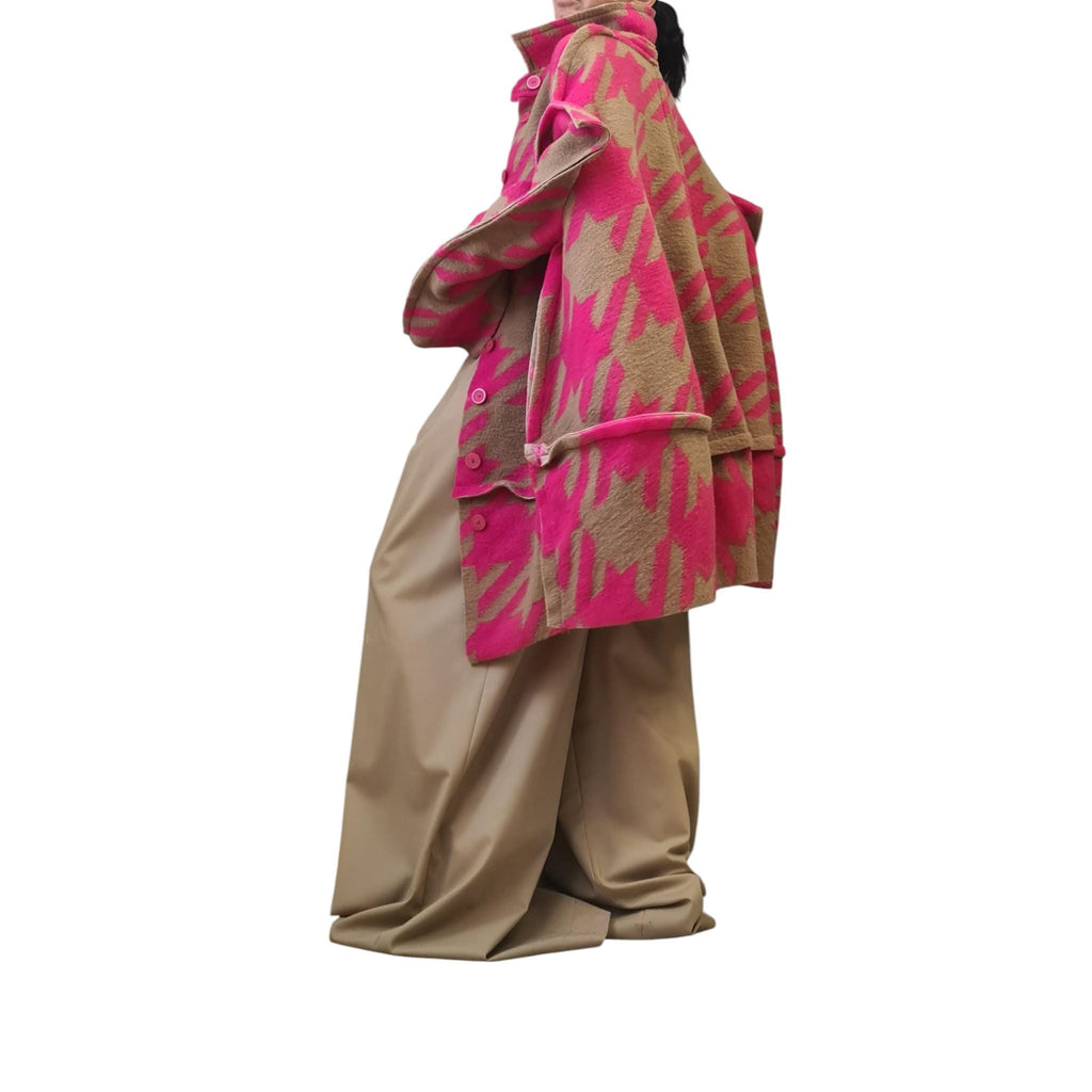 Pink Beige Oversized Wool Blend Coat, Abstract Print High Collar Jacket, Wide Sleeve Outerwear